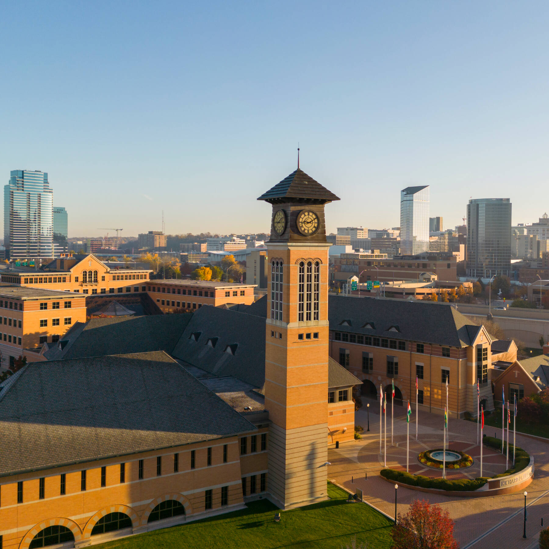 Exterior view of the Richard M. DeVos Center on Grand Valley State University's Pew Campus. Taken by Mitch Ranger using a drone during the Fall of 2022.